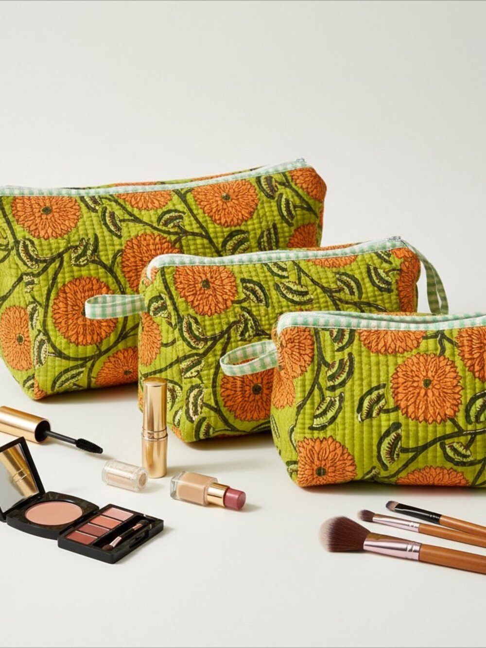 Set Of 3 Block Print Toiletry Bags, Cotton Makeup Bag, Cosmetic Bag Set Gift